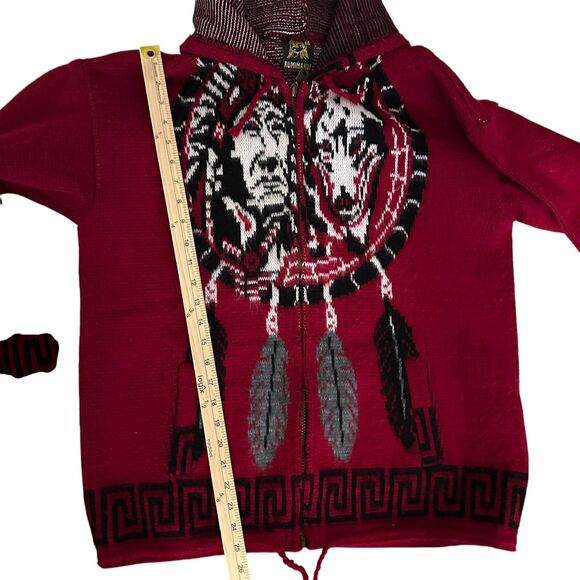 Ruminahui Red, White & Black Wolf & Native American Wool Zip Hooded Sweater M - Picture 5 of 7